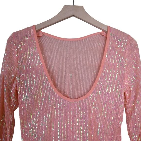 Free People Womens S Unapologetic Sequin Long Sleeve Top in Peach NEW - Picture 6 of 13
